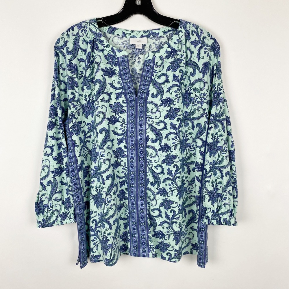 J. Jill Paisley Slub Jersey Split Neck Tunic Top Womens Small Blue‎ Green